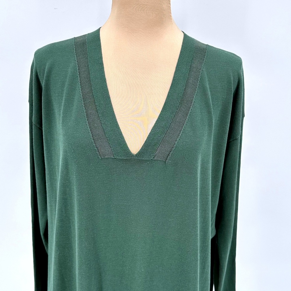 Lafayette 148 New York Forest Green V-Neck Tunic Sweater High Slit Cotton S - Picture 4 of 9